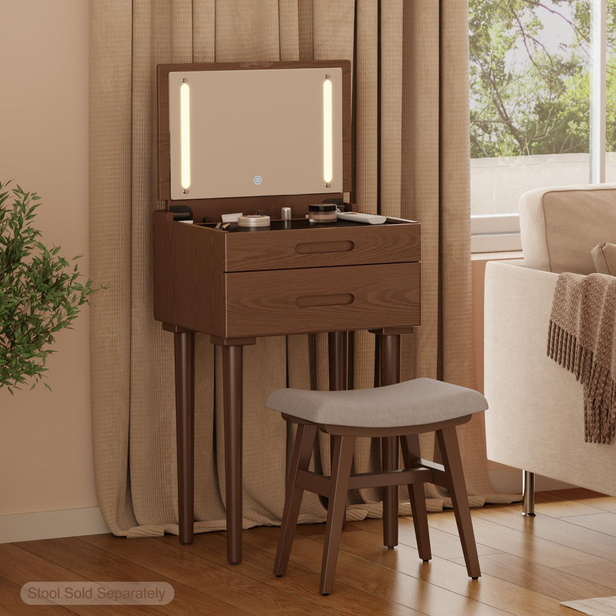 Muwuele Solid Wood Small Vanity Desk with Flip Top Mirror, Brightness Adjustable Lights, Compact Vanity with Glass Top and Drawers, Slim Dressing Table for Small Space, Bedroom, Living Room, Walnut Muwuele