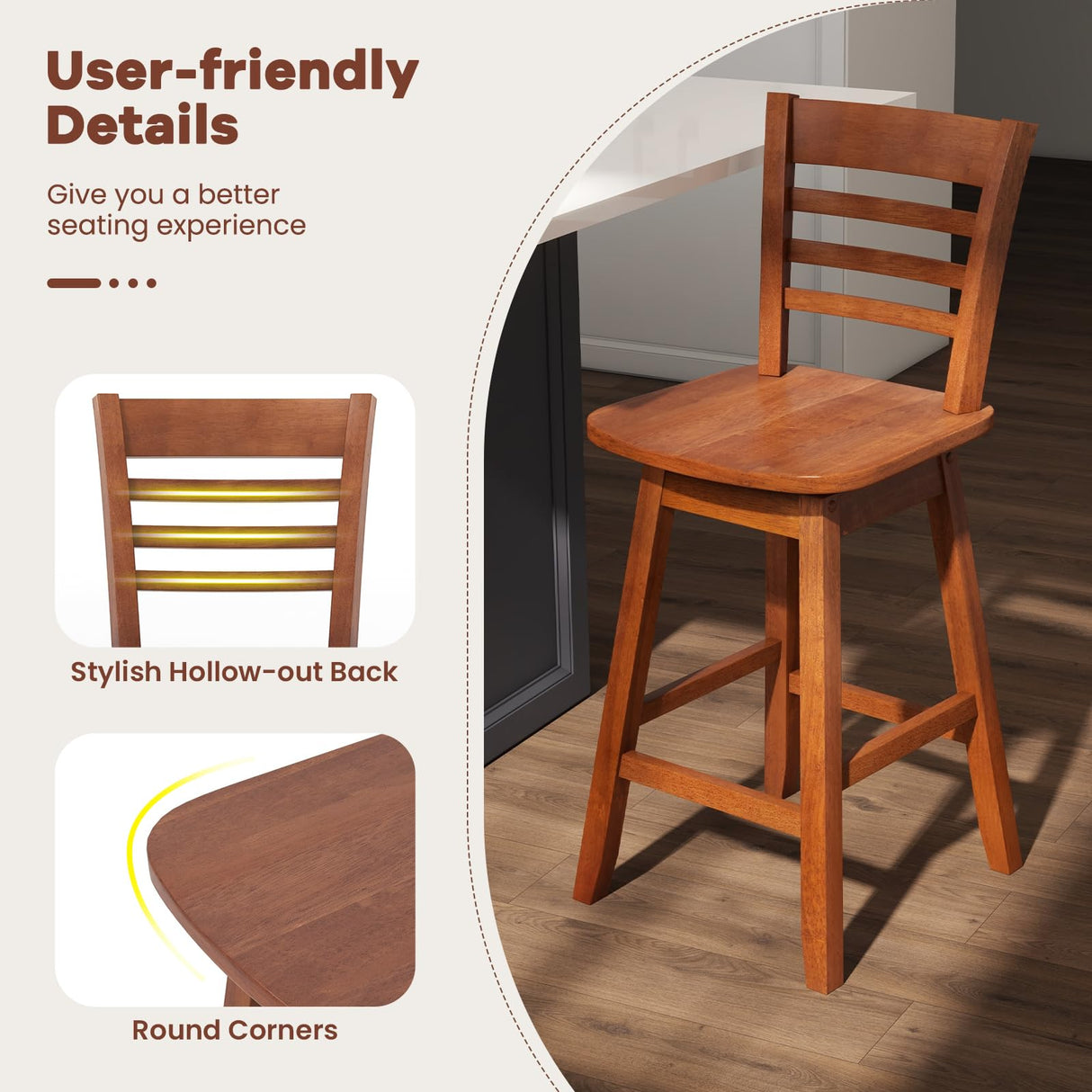 Giantex Wood Bar Stools Set of 2, 24.5" Swivel Counter Height Bar Stools with Slatted Hollow Back & Ergonomic Contoured Seat, Footrest, Farmhouse Wooden Barstools for Kitchen Island, Bar, Cafe, Walnut Giantex