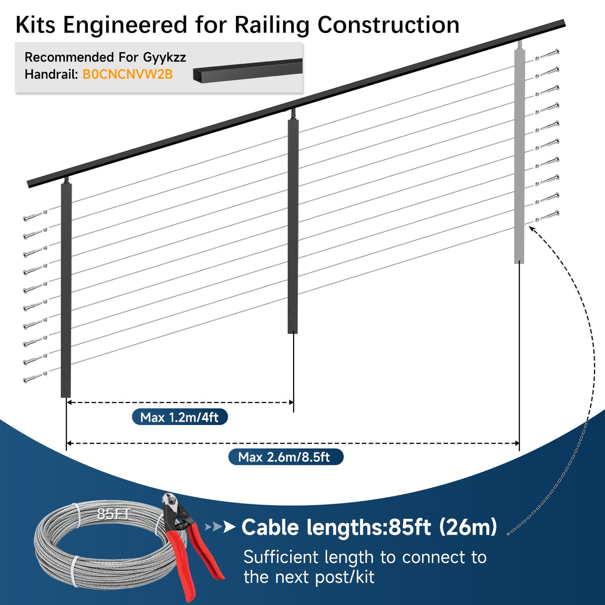 Gyykzz 2 Pack Complete Set Side Mount Stair Cable Railing Post Kits 36", Space-Saving Fascia Mount Stair Railing System Includes 2 Pack Side Mount Posts, 85FT Cable, 20 Cable Tensioners (No Handrail) Gyykzz