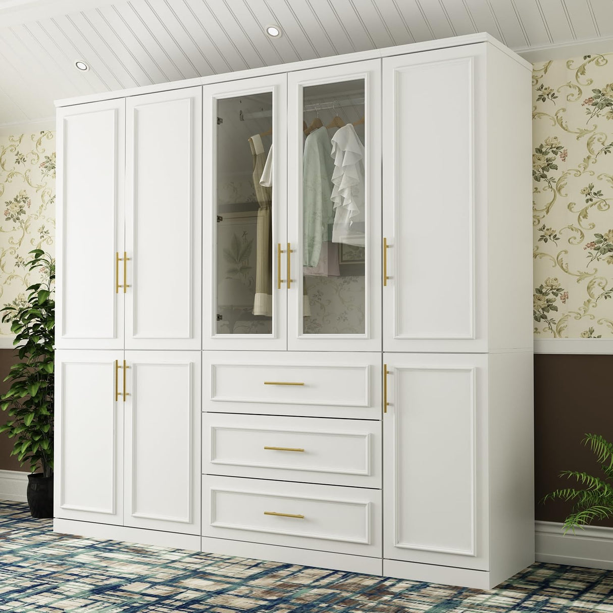 MOUMON Modern Wardrobe Cabinet with 8 Doors and Hanging Rods, White Wardrobe Armoire Closet with Gold Handles, Wardrobe with Glass Doors and 3 Drawers, for Bedroom Cloakroom, 19.3”D x 79.1”W x 74.8”H MOUMON