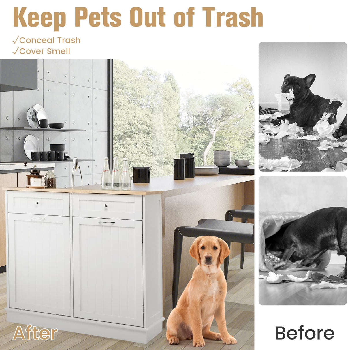 LOKO Tilt Out Trash Cabinet, Kitchen Trash Cabinet with 2 Drawers & Adjustable Shelf, Pet Proof Trash Can Cabinet with Rubber Wood Tabletop, 39.5 x 14 x 35.5 inches (White) LOKO