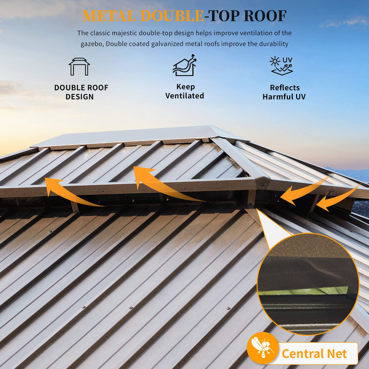 YOLENY 12' x 14' Hardtop Gazebo, Galvanized Steel Metal Double Roof Aluminum Frame Gazebo with Curtain and Netting, Permanent Pavilion Pergola for Outdoor, Patio, Garden, Lawn, Pool Side, Brown YOLENY