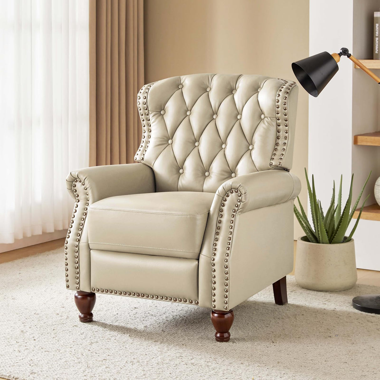 HULALA HOME Genuine Leather Recliner Chair with Solid Wood Feet, Modern Adjustable Tufted Push Back Arm Chair w/Rivet Decoration, Home Theater Seating Single Reclining Sofa for Living Room, Beige HULALA HOME
