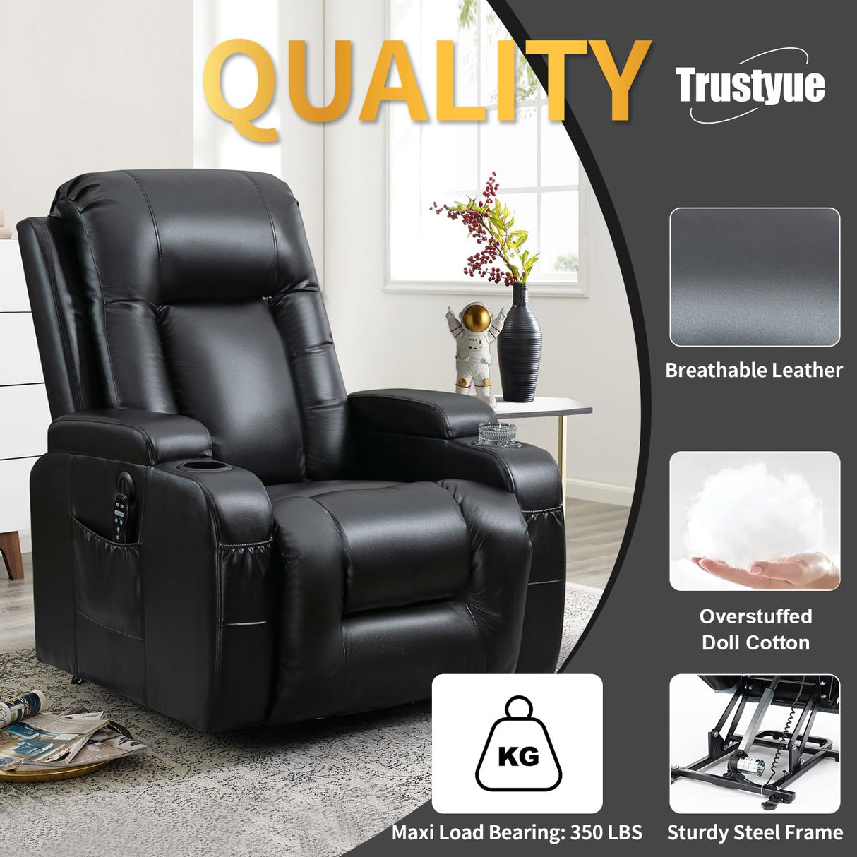 Trustyue Power Lift Recliner Chair with Heat and Massage, Lift Chairs for Standing Assistance, 2 Cup Holders, 4 Pockets, USB Charge Port, Breathable Leather Black Trustyue