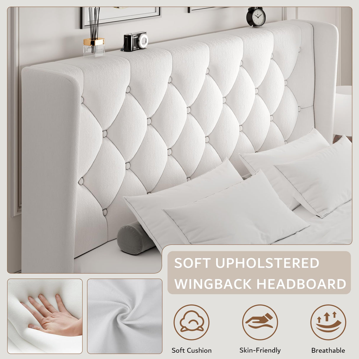 iPormis Full Size Velvet Platform Bed Frame with Button Tufted Headboard, Upholstered Bed Frame with Solid Wooden Slats, 8" Underbed Space, No Box Spring Needed, Noise Free, Easy Assembly, White iPormis