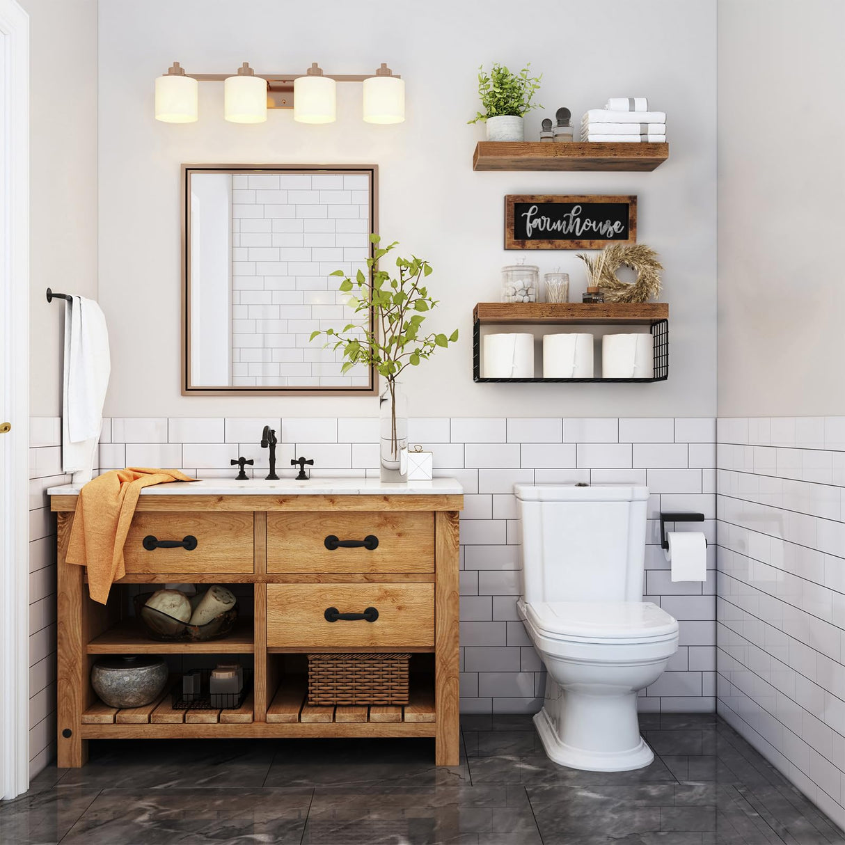 QEEIG Bathroom Shelves Over Toilet - Paper Storage Wall Mounted Farmhouse Decor Decorations Aesthetic Décor Sign Small Floating Wall Shelf 2+1 Set 16 inch Farmhouse, Rustic Brown (020BN-FH) QEEIG