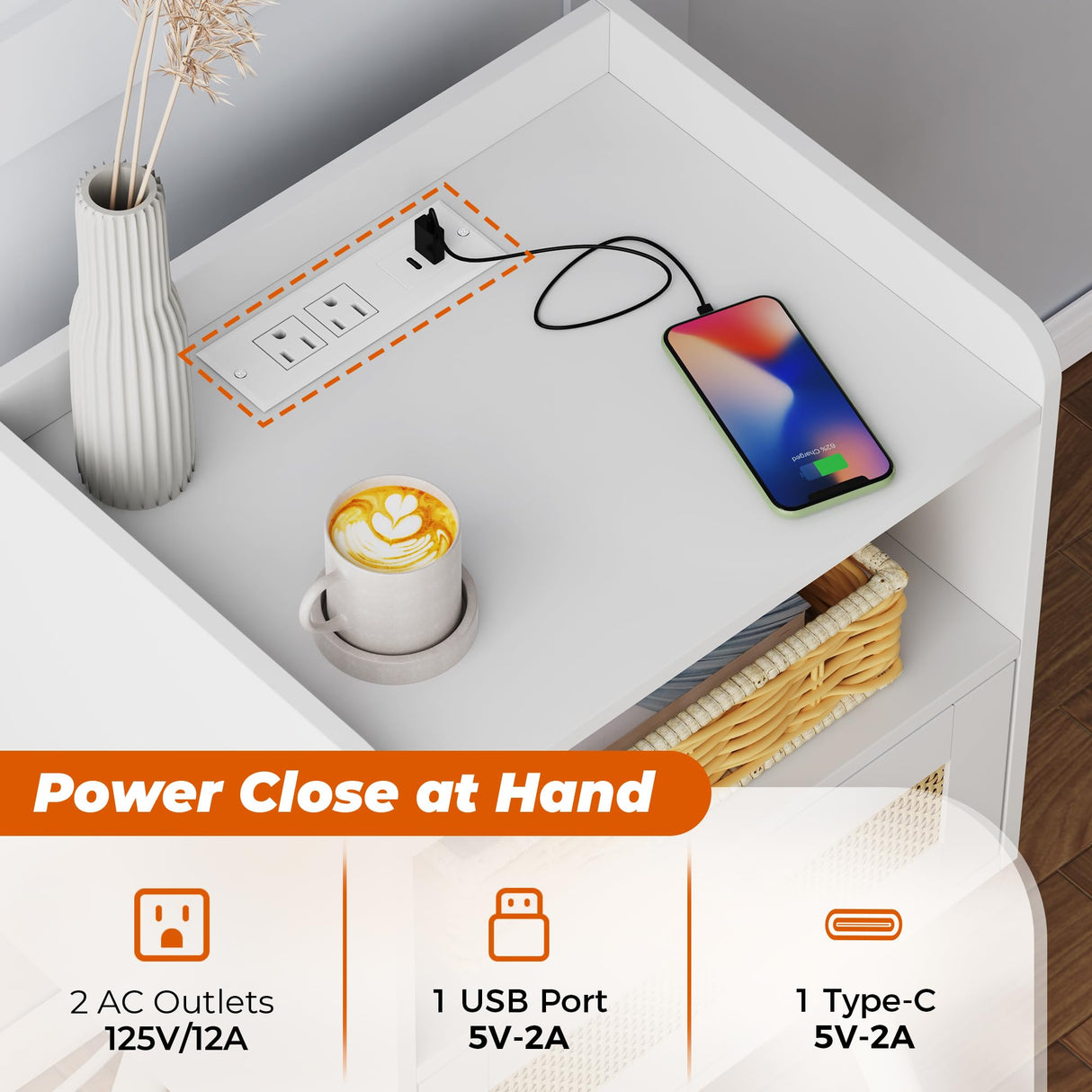 SUPERJARE Nightstands with Charging Station, Bedside Table Set of 2 with PE Rattan Drawers, Rattan Side Table with Storage & Solid Wood Feet, End Table for Bedroom, White SUPERJARE