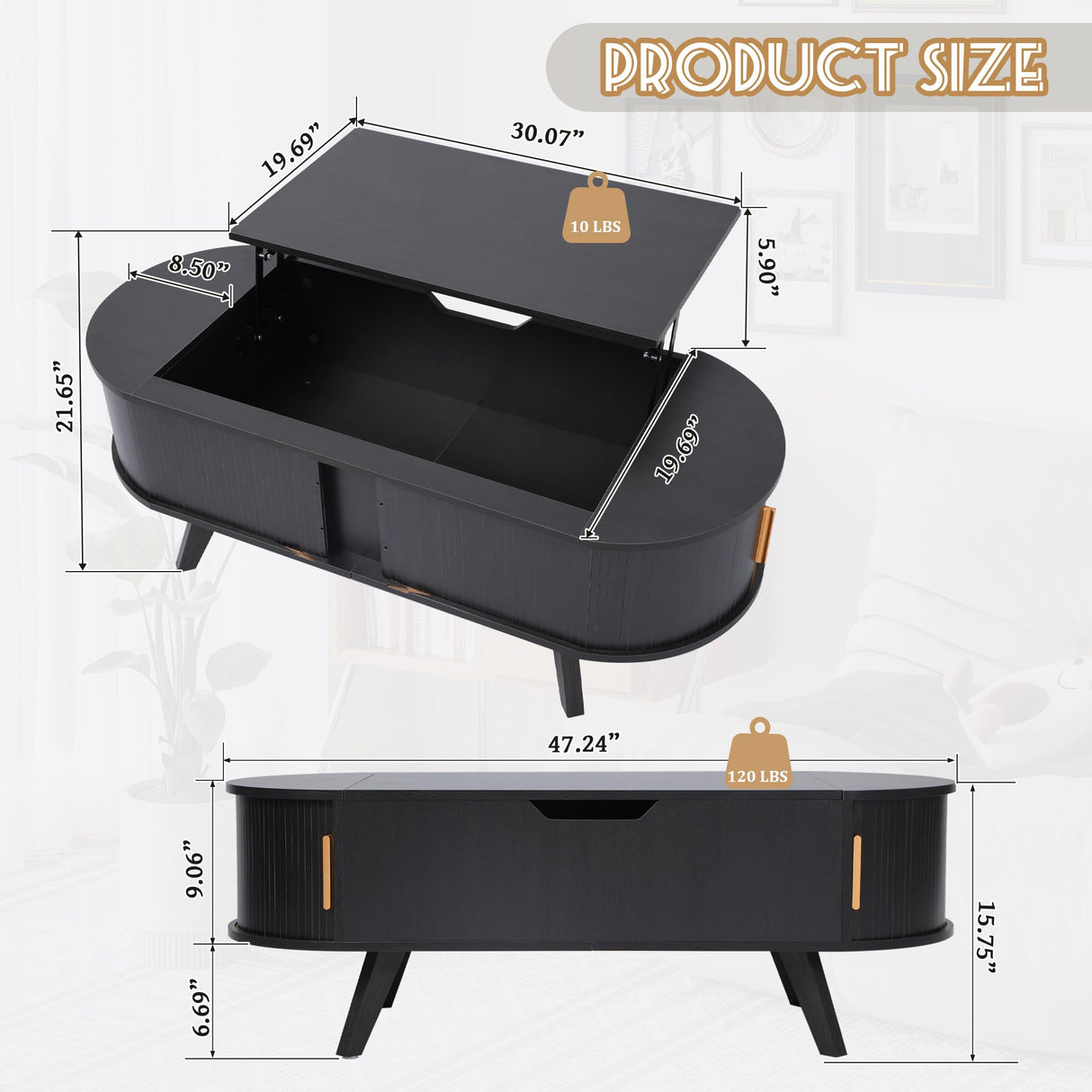 Bifins Lift Top Coffee Table with Storage,47.2" Oval Coffee Table with Sliding Tambour Door,Mid Century Modern Coffee Table with Lifting top for Living Room (Black, Tambour Door) Bifins