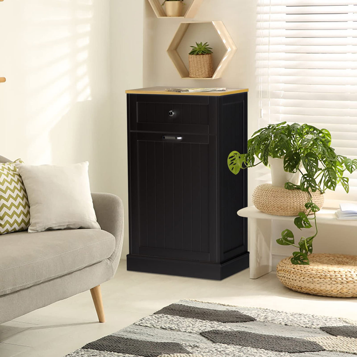 GAZHOME Tilt Out Trash Cabinet, Wooden Free Standing Trash Cabinet,Recycling Cabinet with Hideaway Drawer,10 Gallon Tilt Out Trash Cabinet Kitchen(Black) GAZHOME