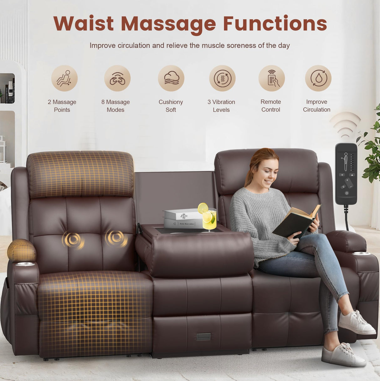 Recliner Sofa, Massage Reclining Sofa 3 Seater Sets Heavy Weight Capacity, RV Loveseat Couch Clearance with Flip Back Console, Storage, Cup Holders, Wall Hugger Reclining Couch for Living Room Aotolo