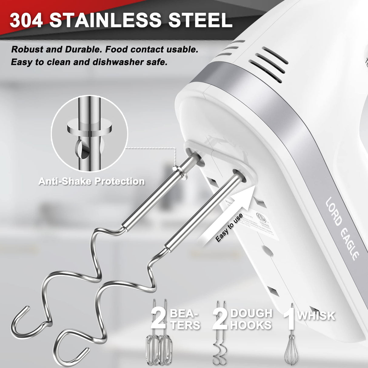 Lord Eagle Hand Mixer Electric 400W, 5 Speed handheld Mixer, 5 Stainless Steel Accessories for Baking Cake Egg Cream Food Beater, Turbo Boost/Self-Control Speed + Eject Button (White) Lord Eagle
