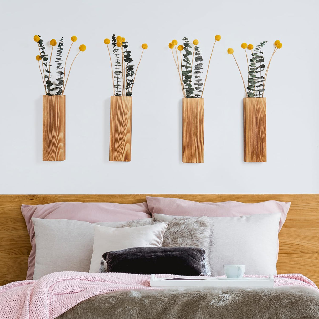 SOONOW 4 Pack Wood Wall Planter - Modern Farmhouse Wood Wall Decor for Living Room, Bedroom, Bathroom, Home and Office - Wooden Pocket Vase for Dried Flowers and Faux Plants Indoor Decor SOONOW