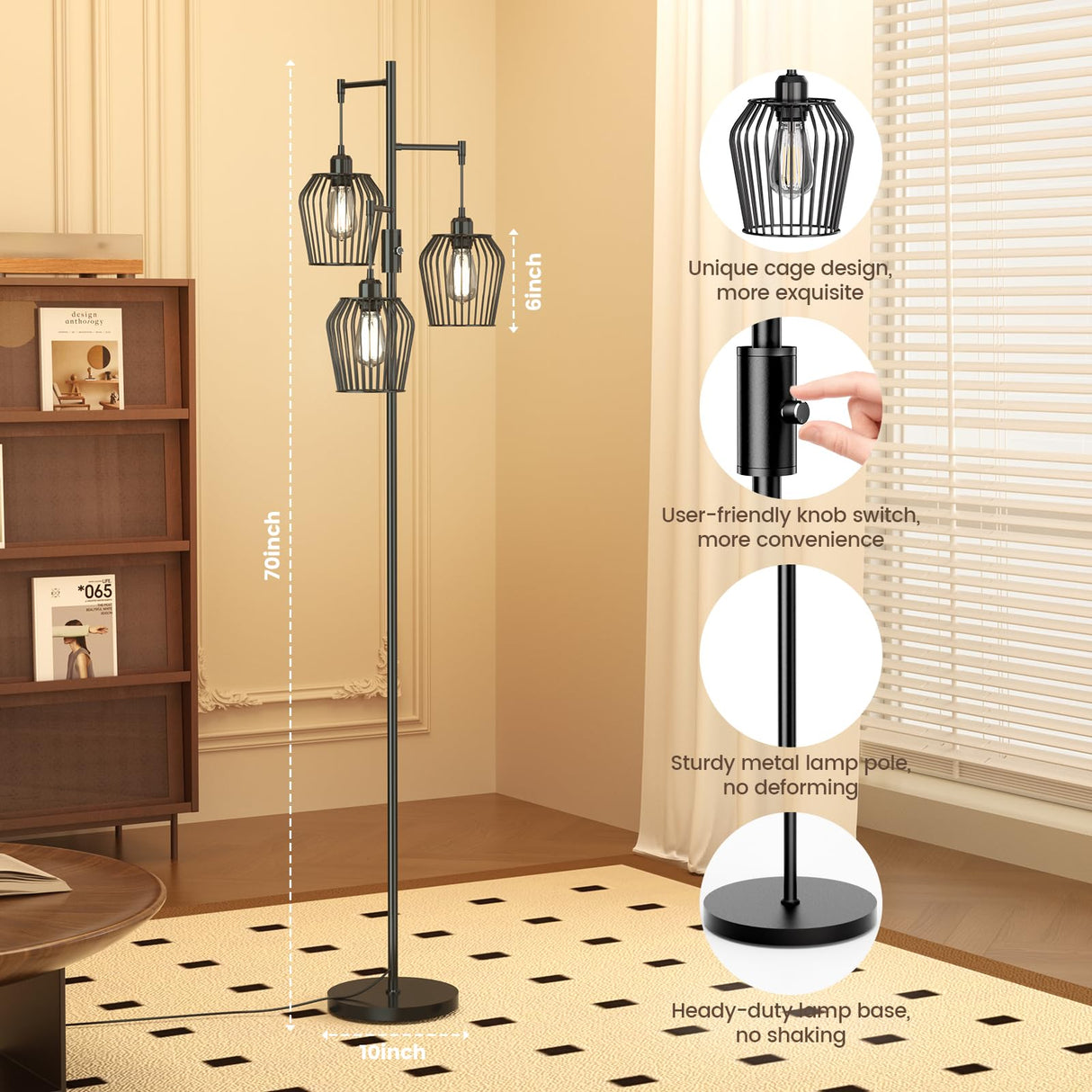 SIBRILLE Dimmable Floor Lamp, Farmhouse Industrial Floor Lamp with Elegant Cage & 3 x 1000LM LED Bulbs, Tall Standing Lamp Modern Floor Lamp Black Tree Floor Lamps for Living Room Bedroom Office SIBRILLE