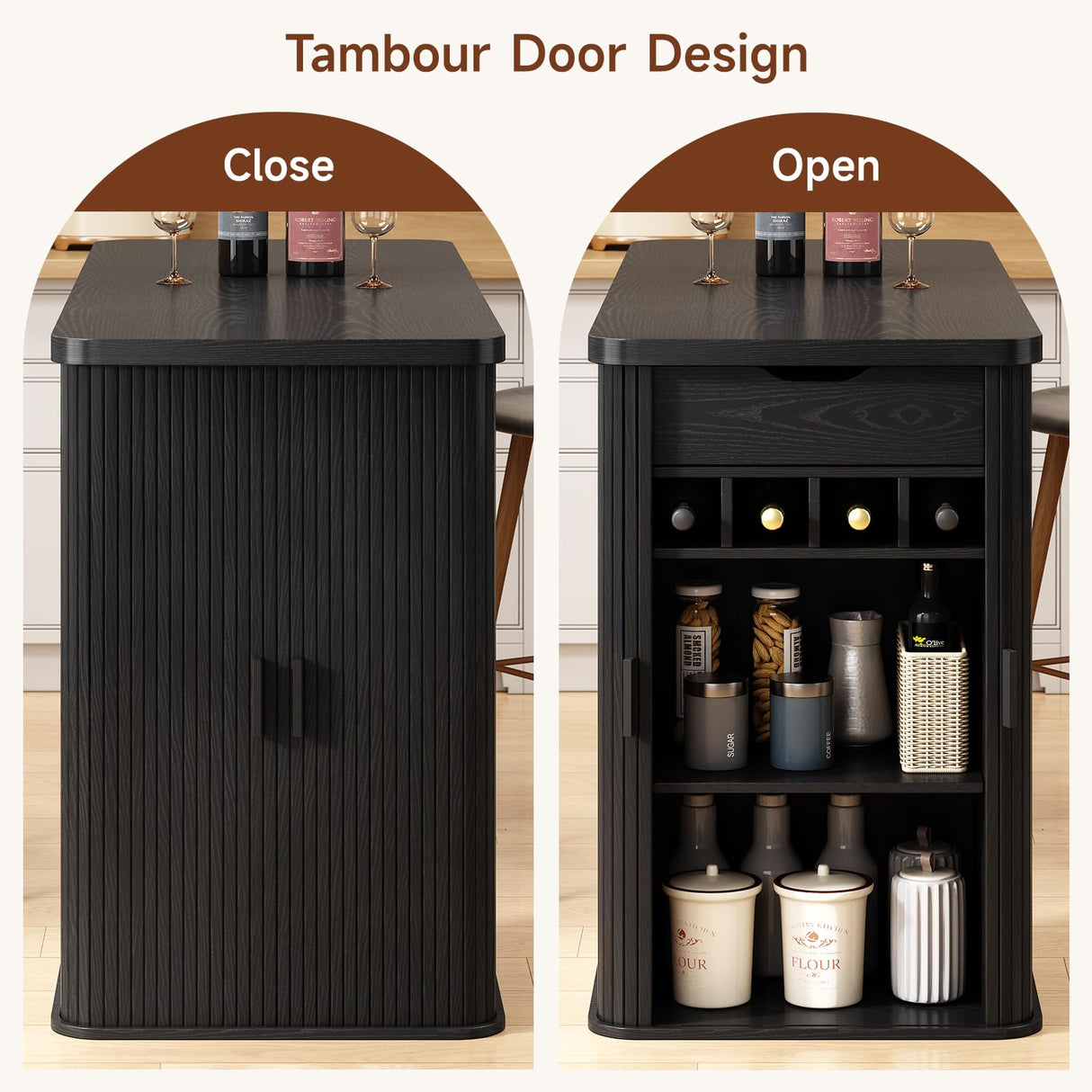 ONBRILL 59 Inch Kitchen Island with Storage, Fluted Counter Height Table, Mid-Century Modern Kitchen Island Table with Sliding Door, Home Bar Tables with Wine Rack and Drawers Black ONBRILL