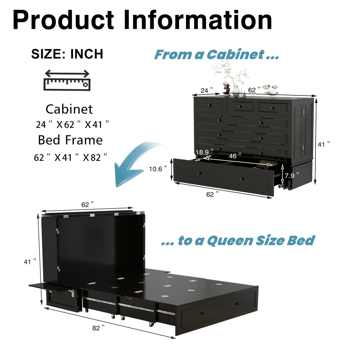 ClassyCabin Murphy Bed Queen Cabinet Without Mattress: Retro Black Wood Handle Murphy Bed Cabinet with USB Port & Small Shelves, Space Saving Wall Chest Bed with 2 Large Drawer for Home ClassyCabin