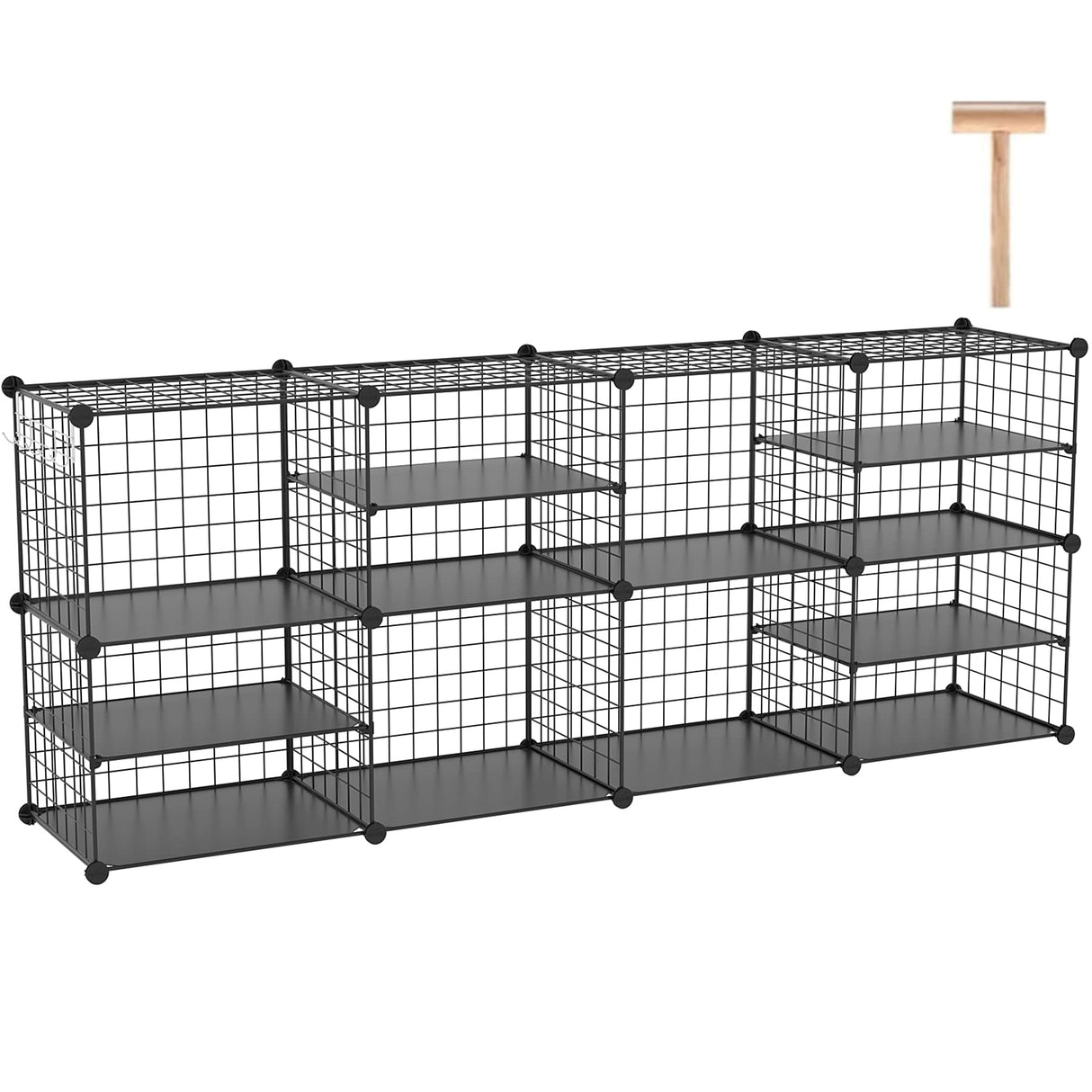 C&AHOME Wire Cube Storage Unit, Interlocking Metal Wire Organizer with Divider Design, Modular Cabinet with Plastic Panels, Bookshelf Stackable Closet Organizer with Small Hooks, Black UWCSIM08B C&AHOME