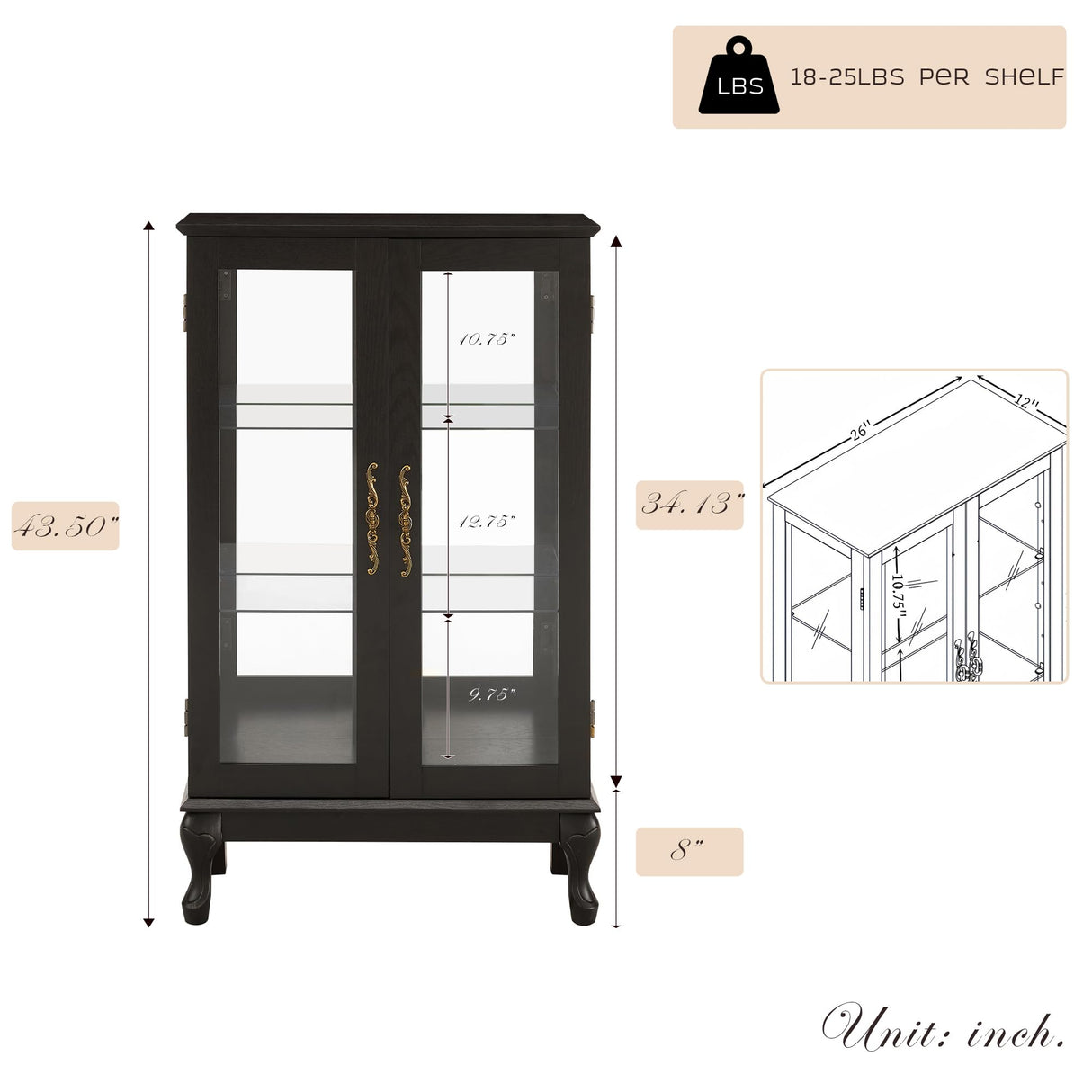 Lighted Curio Cabinet, 44" H Glass Display Case with Adjustable Glass Shelves, Vintage China Cabinet with Mirrored Back Panel & 3-Tier Shelves, Blub Included, Rack for Living Room (Black) CKEASEAN