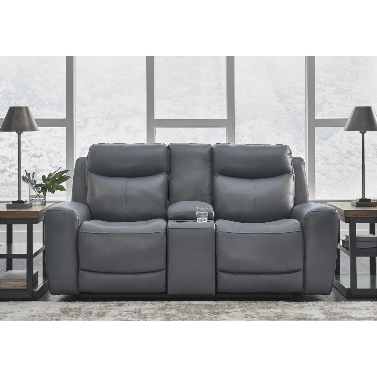 Signature Design by Ashley Mindanao Modern Leather Match Upholstered Power Reclining Loveseat with Console, USB Ports and Cup Holders, Gray Signature Design by Ashley