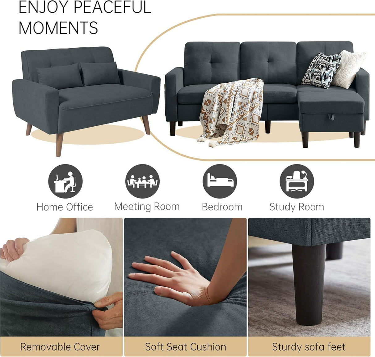 Pingliang Home 2 Piece Comfy Couch Set, 3 Seater & 2-Seater Sofa and Loveseat Set with Ottoman, Modern Sofa Sets for Living Room/Apartment/Office, Dark Grey Pingliang Home