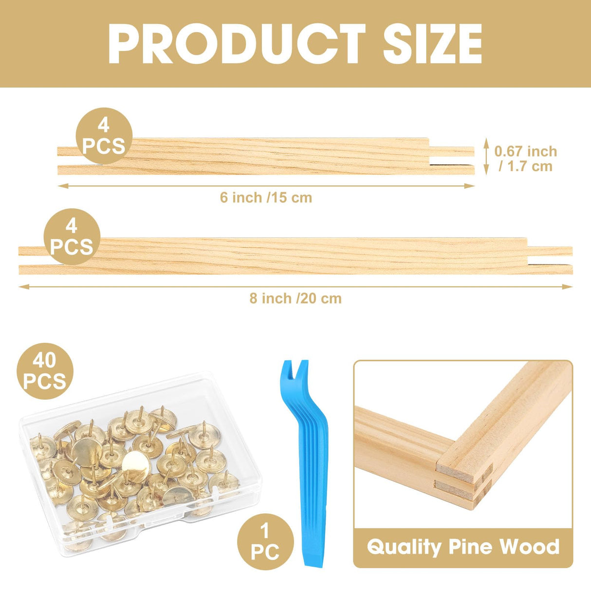 8 PCS Needlepoint Stretcher Bars 2 Sizes Stretcher Bars for Needlework Wooden Canvas Art Supplies with 40 Thumb Tacks for Needlepoint Embroidery Stitch Frame Set Bundle with Crafts Czlotyh