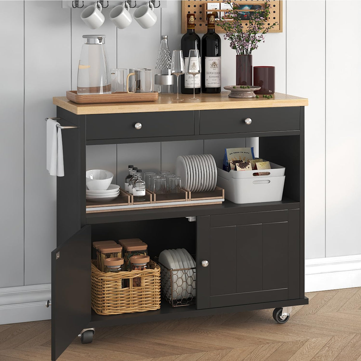 knoworld Rolling Kitchen Island with Storage Cabinet, 35.4'' Width Kitchen Cart, 2 Drawers Island Table, Portable Mobile Kitchen Island with Towel Rack, Wood Top and Lockable Wheels, Black knoworld