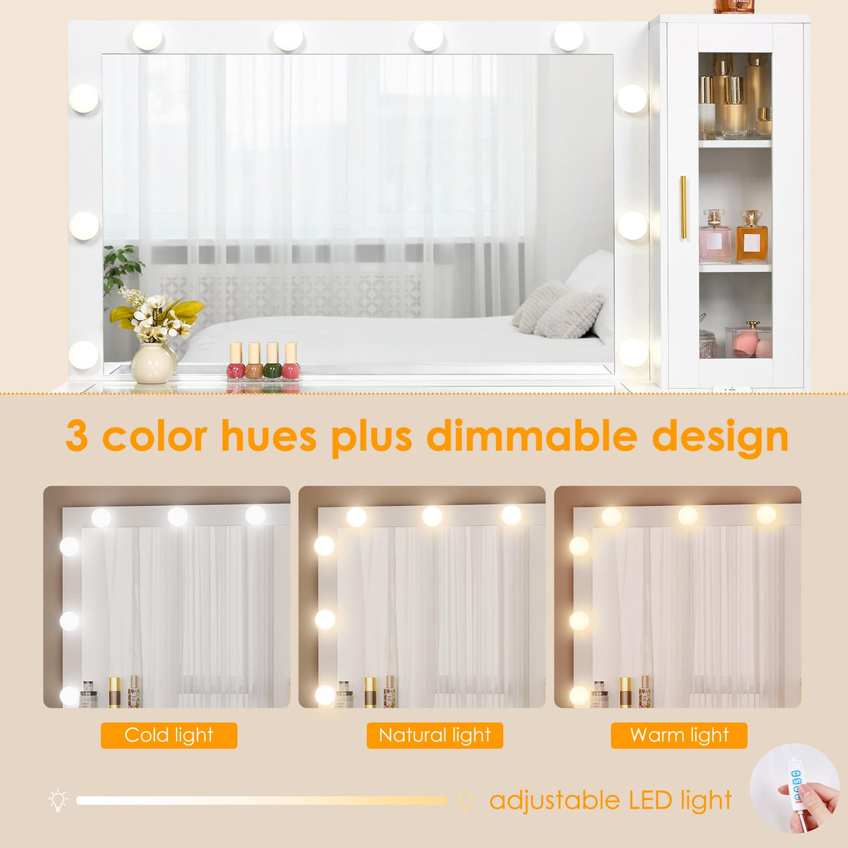 BEWISHOME 49.2" Large Vanity Desk with Mirror and Lights,White Makeup Vanity Table with Glass Top,Stool,Makeup Desk with Power Outlet,Drawers,Cabinet,Nightstand,Dressing Table for Bedroom Women FST34W BEWISHOME