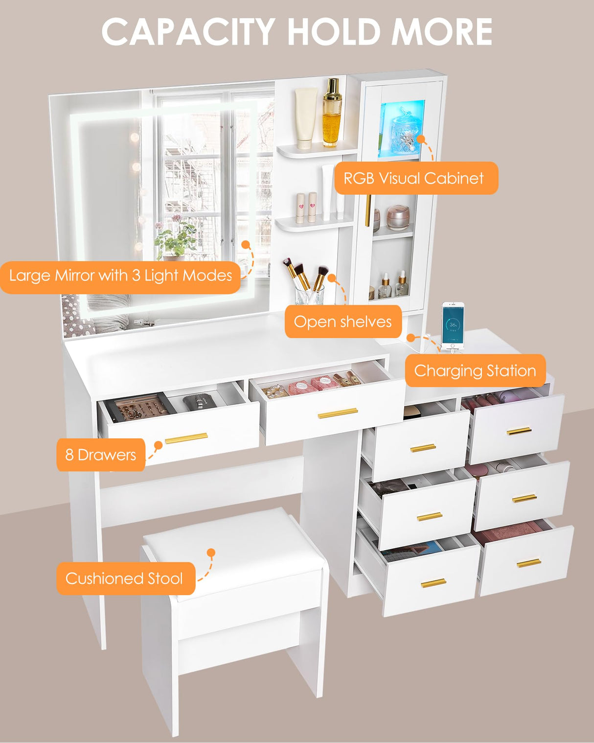 ANWBROAD 51.8" Makeup Vanity Desk with Mirror and Lights White Vanity Table with RGB Cabinets 8 Drawers Power Outlet Large Dresser Dressing Table with Storage Shelves Stool for Bedroom Girls UBDT77W ANWBROAD