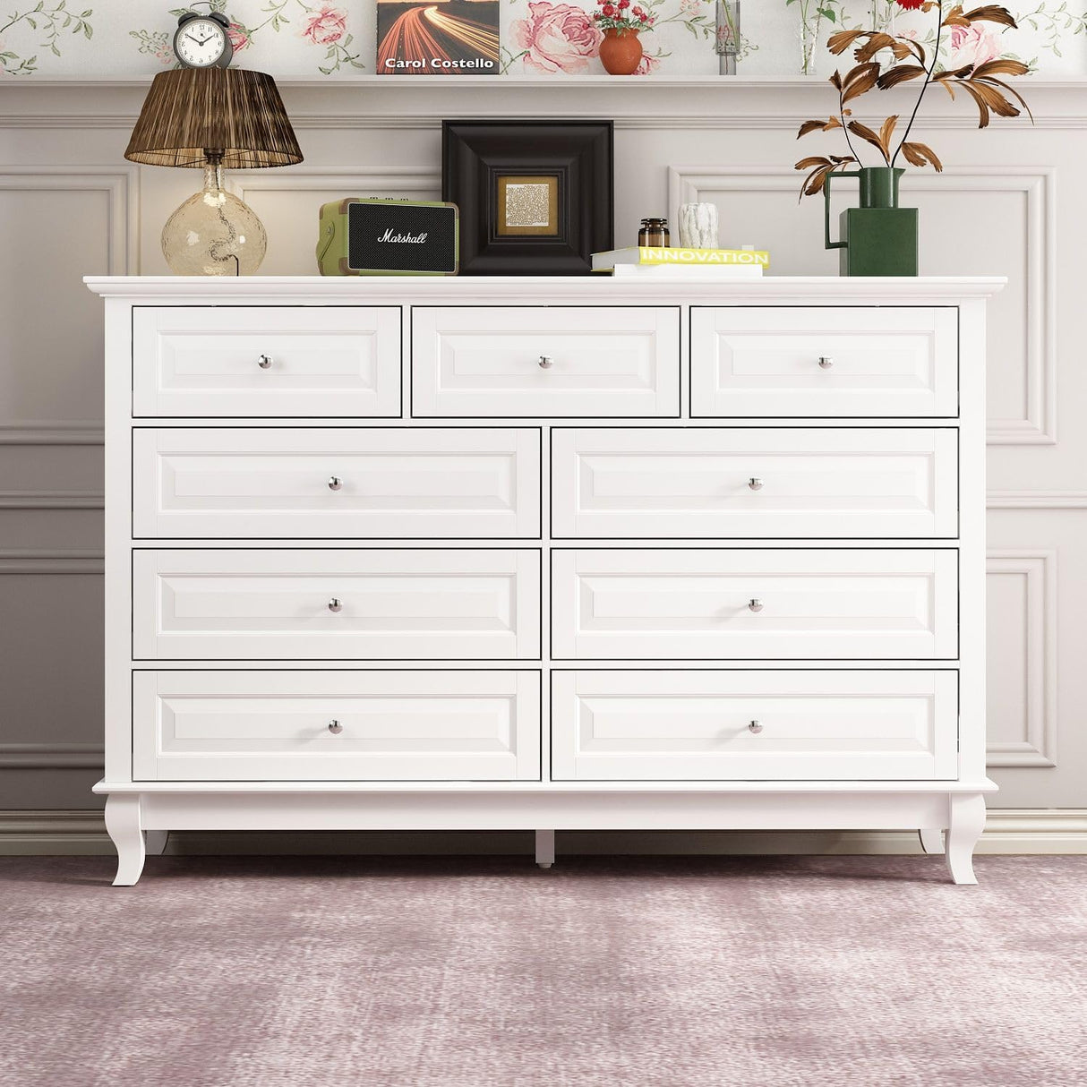 MOUMON Chest of Drawers 9 Drawer Dresser, Modern Contemporary Dresser with Sliver Handles, Wooden Legs, 9 Drawer Cabinet White Dresser for Bedroom (55.1”W x 15.7”D x 37”H) MOUMON