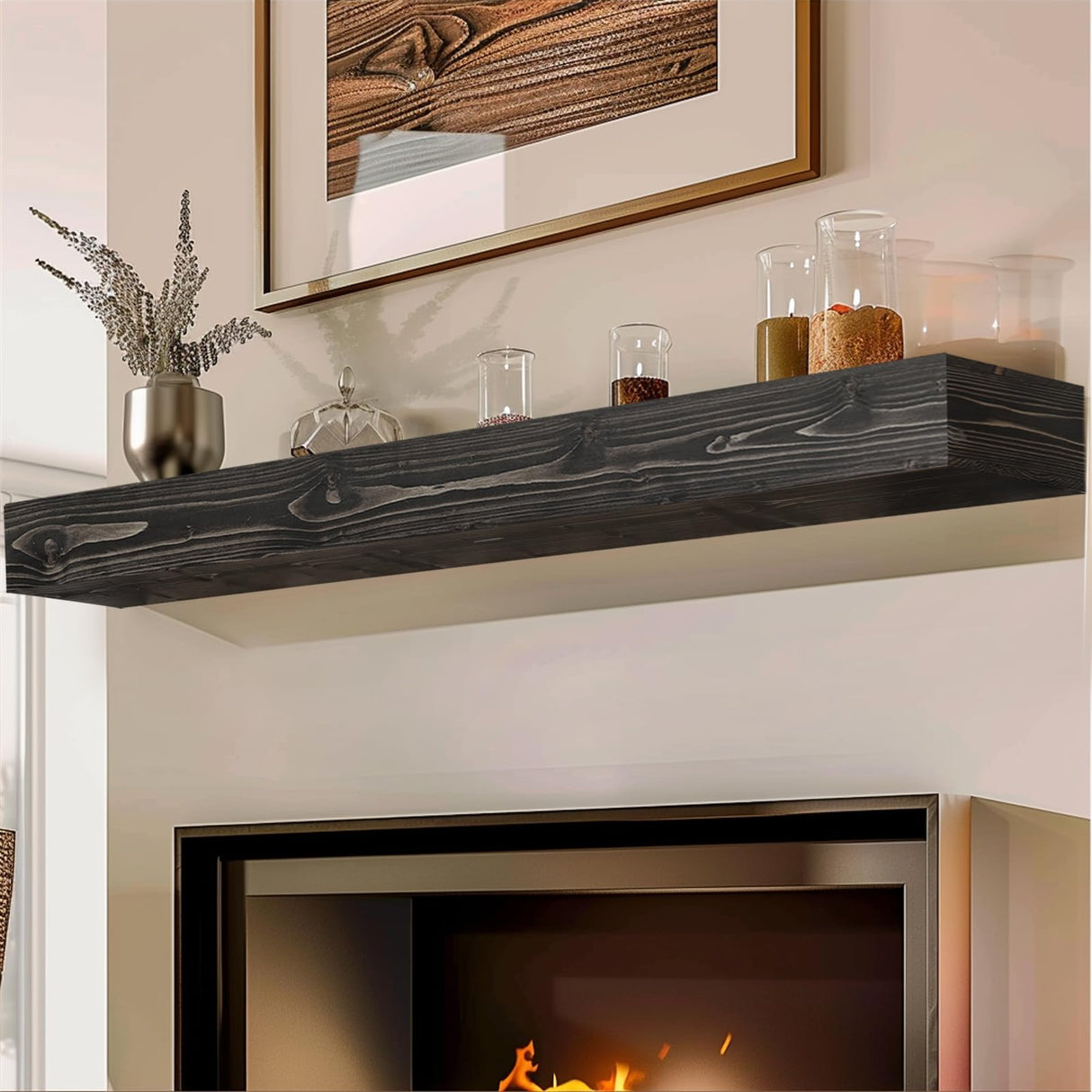 ABSWHLM 72x8x5 Fireplace Mantel - Handcrafted Hollow Rustic Solid Wood Wall Mounted Floating Shelf with Invisible Heavy Duty Wood Bracket (Weathered Black) ABSWHLM