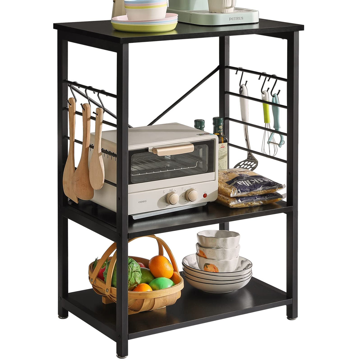 YMYNY Standing Baker's Racks, 3-Tier Microwave Oven Stand with Metal Frame and 6 Hooks, Coffee Bar Table, Storage Shelf Rack for Kitchen and Living Room, Panel Adjustable, Black, UHTMJ022B YMYNY