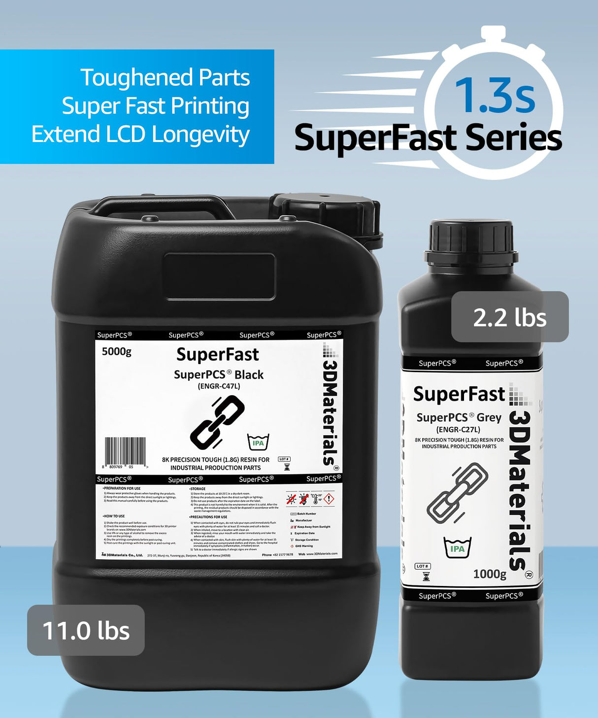 SuperPCS 3D Printer Resin, Toughest and Fastest, 50um 1.8GPa Print in 1.5 sec, Made in Korea by 3DMaterials (5000g, Grey) 3DMaterials