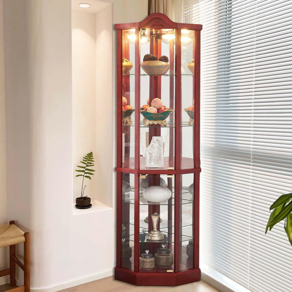Firscook Curio Cabinet,Lighted Wooden Corner Curio Cabinet,Glass Display Curio Cabinet with Tempered Glass Doors and Shelves,6-Layer Wood Corner Cabinet, Glass Display Cabinet for Living Room(Cherry) Firscook