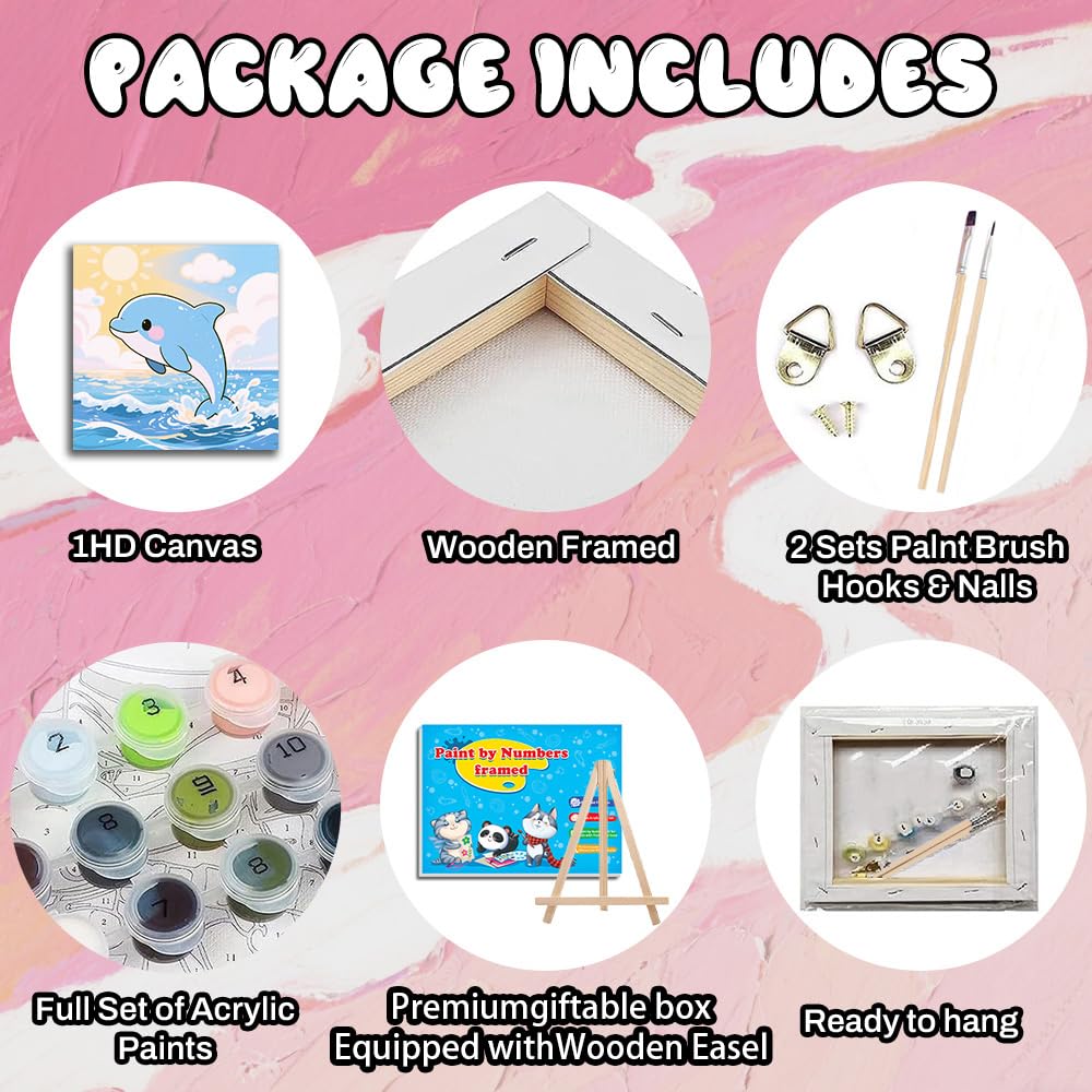 WEMEON Dolphin Paint by Numbers Kit for Kids with Frame and Easel, Easy Paint by Numbers Kits for Kids Ages 4-6, Small Painting by Number for Birthday Gift, Painting Party(10X10inch) WEMEON