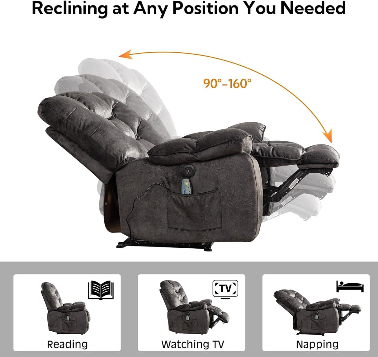 HAOMARKETS Power Recliner Chair with Massage and Heat, 41" Wide Electric Reclining Chairs with USB Port, Breathable Fabric Overstuffed Reclining Sofa for Living Room,Grey HAOMARKETS