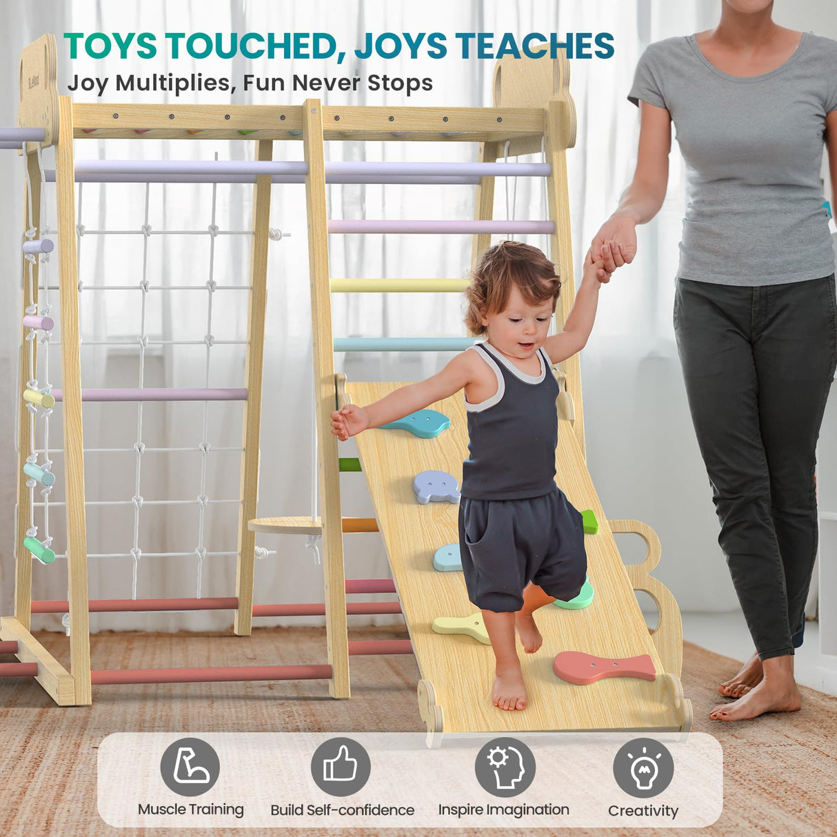 Upgraded Indoor Playground 9-in-1 Jungle Gym Kids Climbing Toys, Montessori Philosophy Waldorf Style Wooden Climber Playset with Slide, Swing, Monkey Bars, Upright/Rope Ladder, Climb Net, Rainbow BlueWood