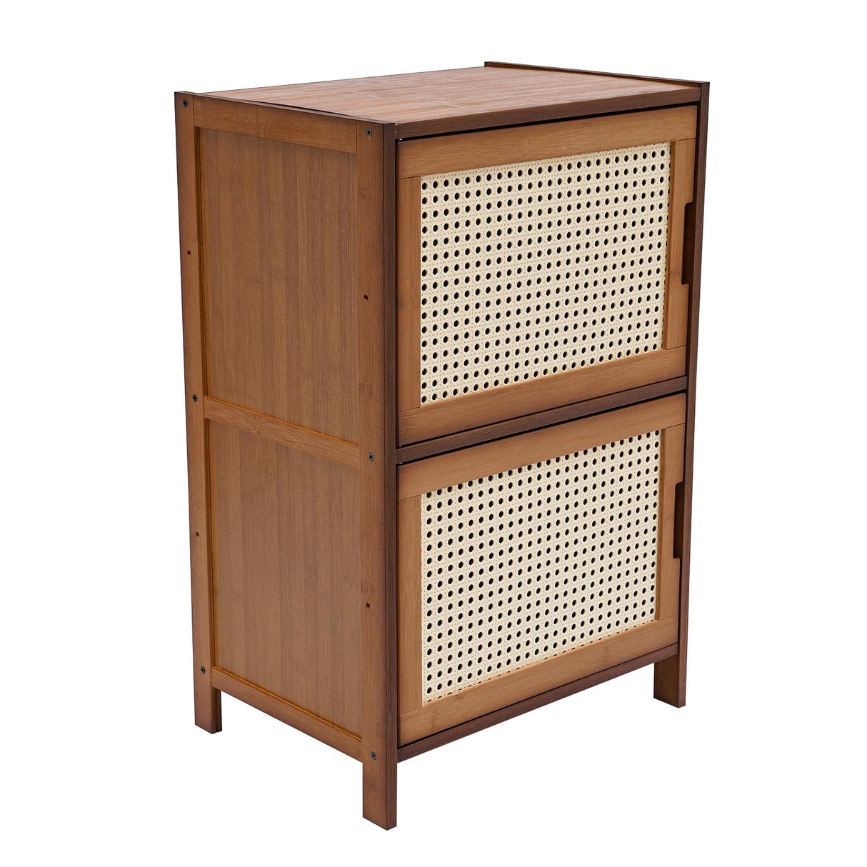 TrueyEssence 2-Tier Bamboo Nightstand with Rattan Decor Doors, Modern Bedside Table End Table Multipurpose Storage Cabinet for Bedroom Living Room Dark Brown TrueyEssence