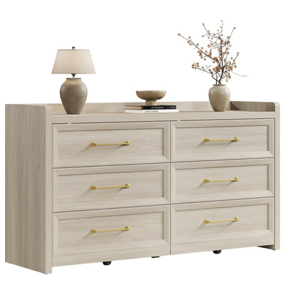 SICOTAS 6 Drawer Dresser for Bedroom-56.4" Extra-Wide Wooden Chest of Drawers with Large Storage, Long Dresser TV Stand with Drawers, Farmhouse Closet Dressers for Nursery Living Room, Grey White Oak