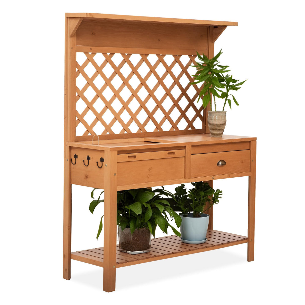 Outsunny Garden Potting Bench, Outdoor Wooden Workstation Table w/Metal Screen, Drawer, Hooks, Storage Shelf, and Lattice Back for Patio, Backyard and Porch Outsunny