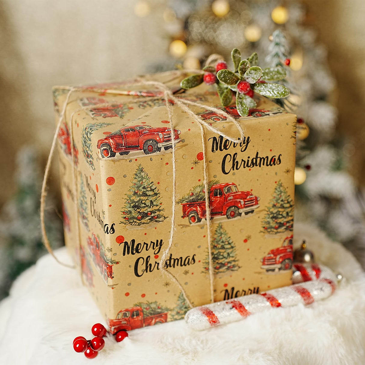 BIOBROWN Reversible Kraft Christmas Wrapping Paper - 17 Inch X 33 Feet (46.7 sq. ft. ttl.) - Vintage Trucks Design Perfect for Xmas, Party, Holiday Gift Wrap BIOBROWN