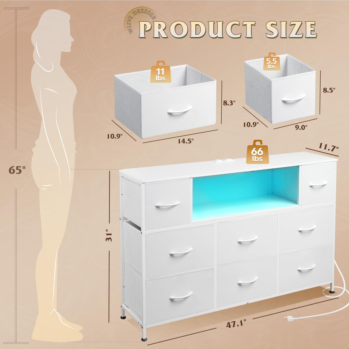 WLIVE White Dresser for Bedroom, TV Stand for Bedroom for 55 inch TV with Charging Station and LED Lights, Fabric Chest of Drawers with Open Shelves, 8 Drawers Dressers for Living Room, Closet WLIVE