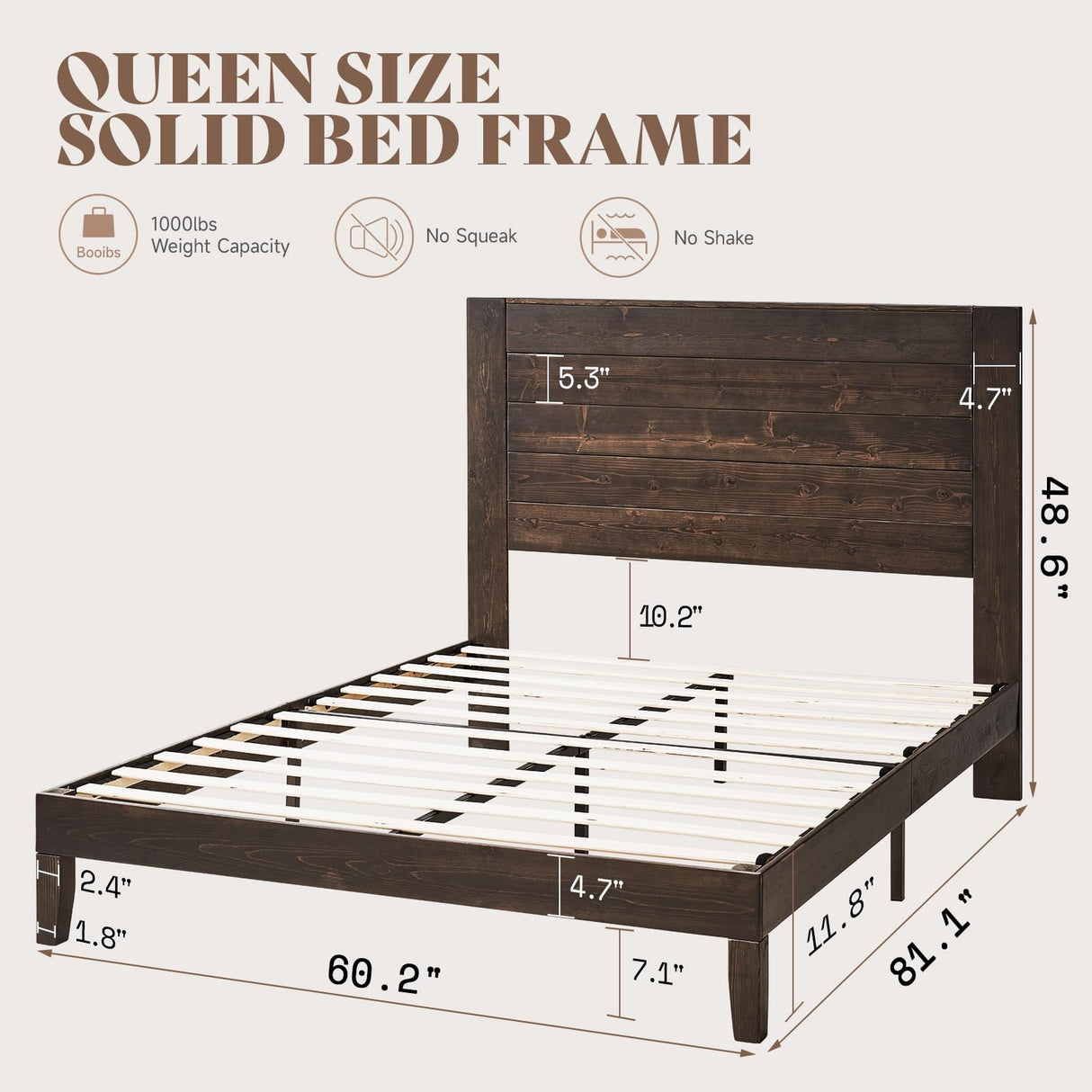 Mid-Century Modern Queen Size Solid Wood Bed Frame with 48" Headboard – Sturdy, Noise-Free Design in Dark Brown AMERLIFE