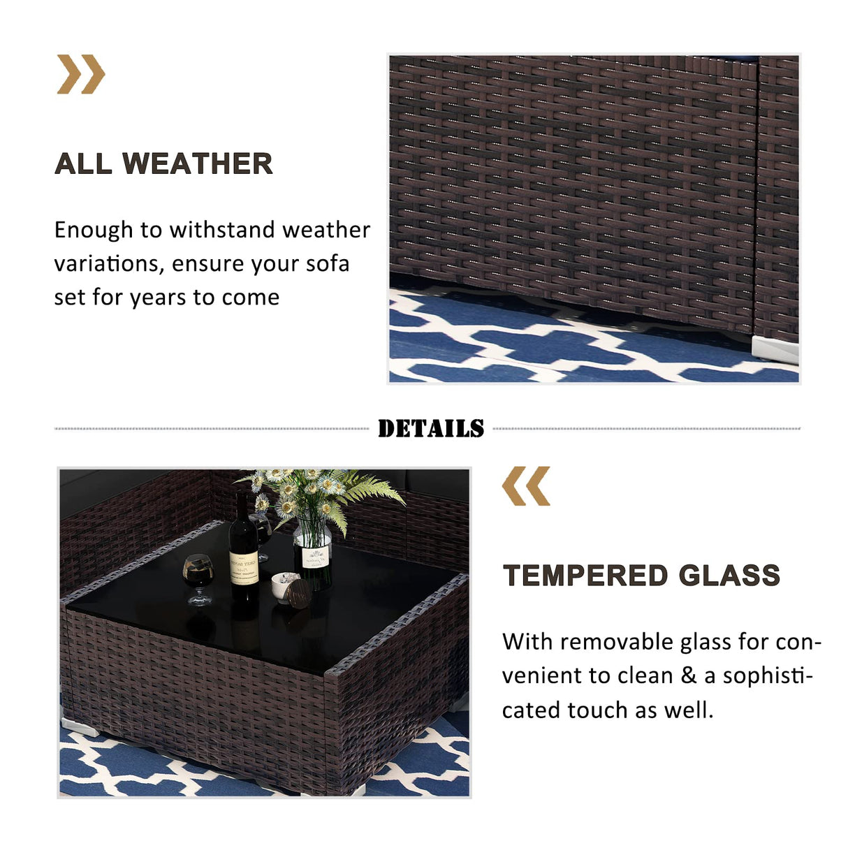 Vakollia 8 Pieces Patio Furniture Set with 44" Propane Gas Fire Pit Table, Outdoor Sectional Brown Rattan Wicker Conversation Sofa Sets with Coffee Table Vakollia