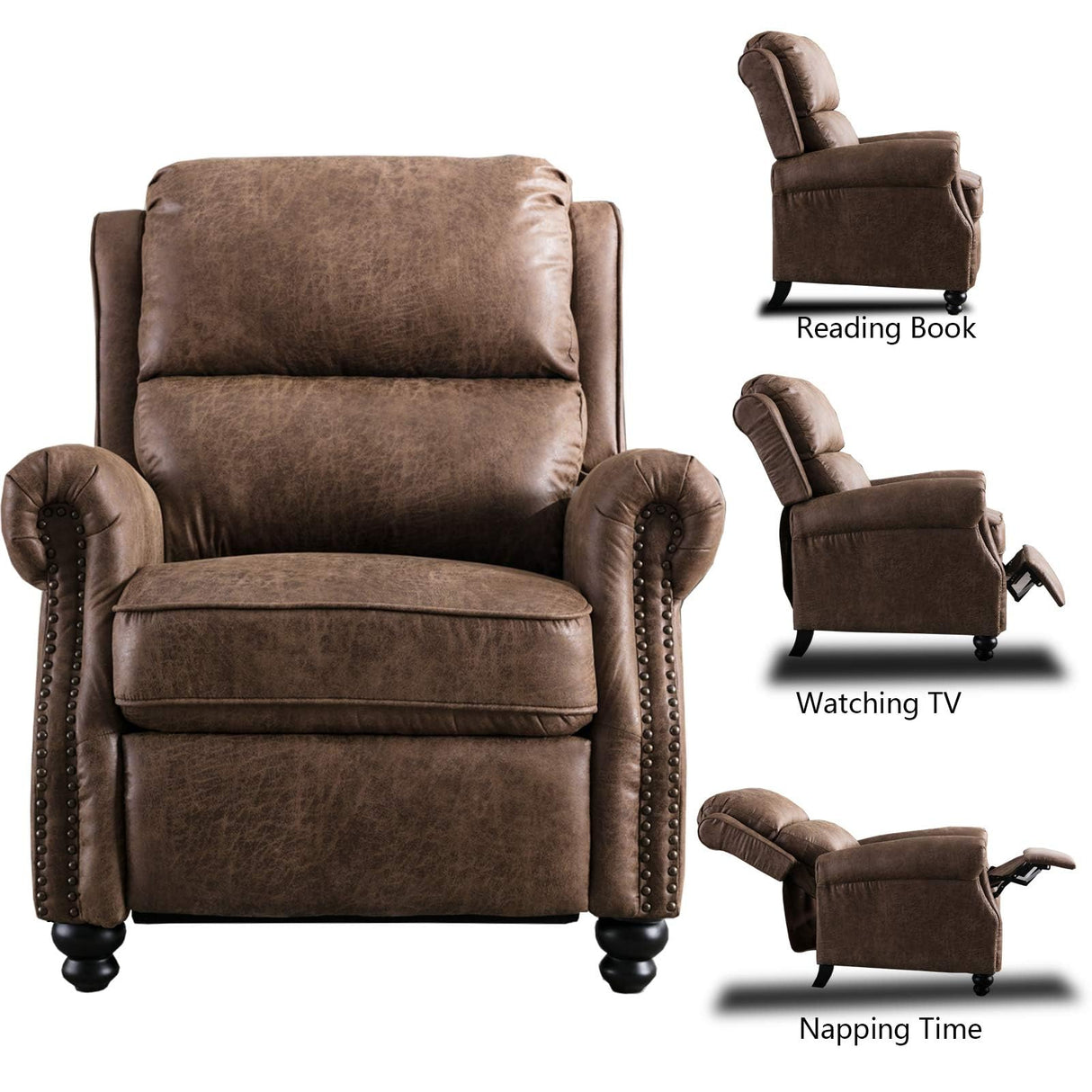 CANMOV Pushback Recliner Chair Set of 2, Faux Leather Armchair Push Back Recliner with Rivet Decoration Single Sofa Accent Chair for Living Room, Chocolate CANMOV