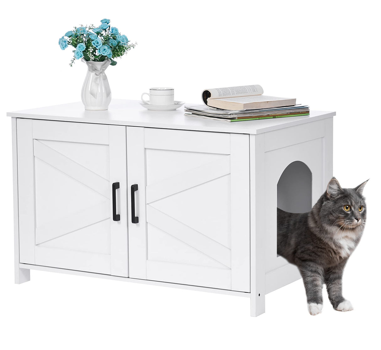 Homhedy Cat Litter Box Enclosure,Litter Box Furniture Hidden with Barn Door,Wooden Cat Washroom Furniture,Cat House,Fit Most of Litter Box,White Homhedy