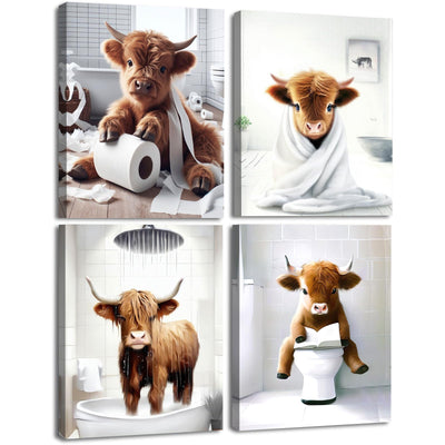 Framed Bathroom Decor Wall Art,Funny Highland Cow in Bathroom,Rustic Farmhouse Bathroom Wall Art,Funny Bathroom Wall Decor Signs,Cute Animal Art Prints for Bathroom(Framed,8x10inx4pcs)