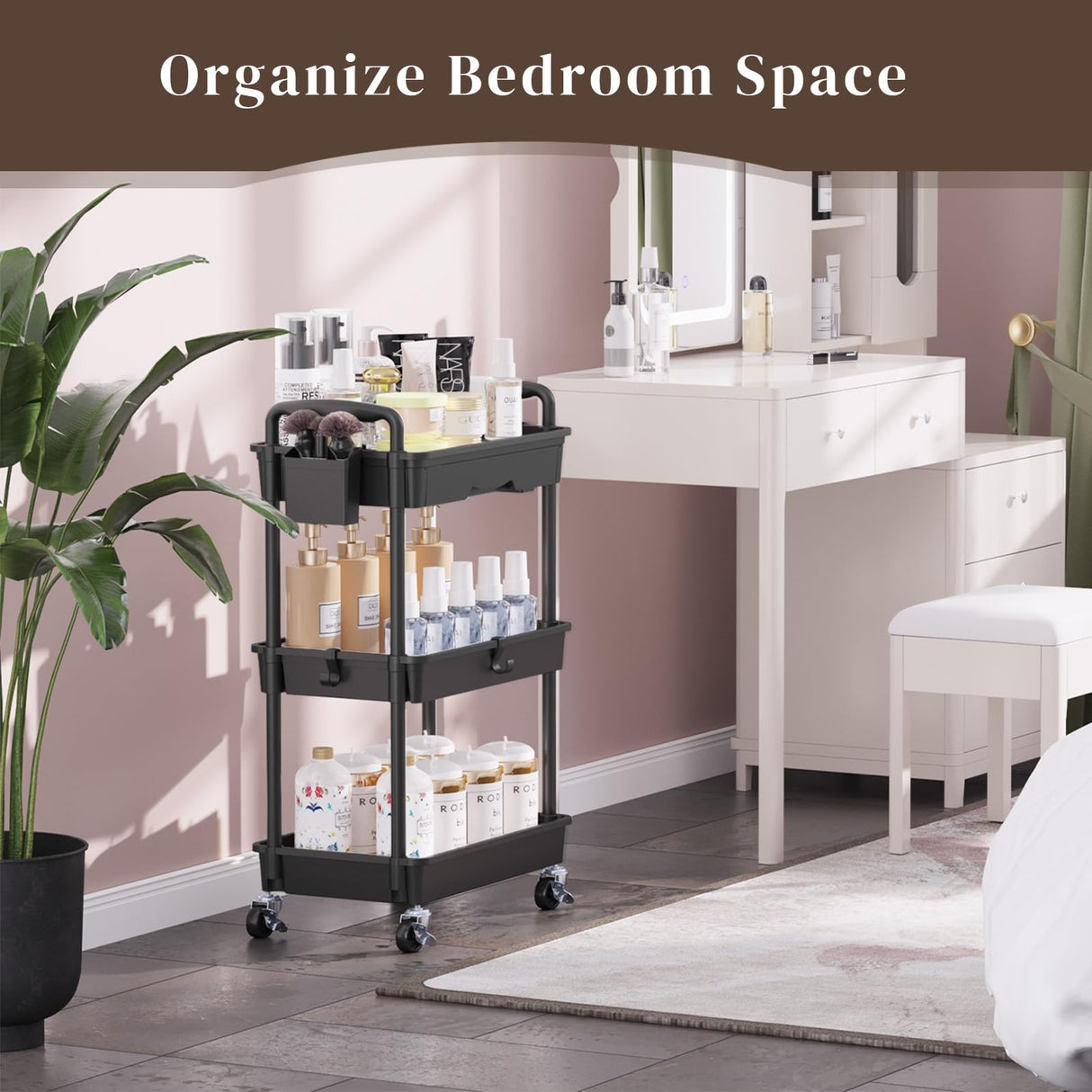 EaseSky Rolling Utility Cart with Drawer 3 Tier, Utility Storage Organizer with Plastic Shelf & Lockable Wheels Multifunctional Storage Cart for Kitchen, Bathroom, Office, Living Room, Black EaseSky