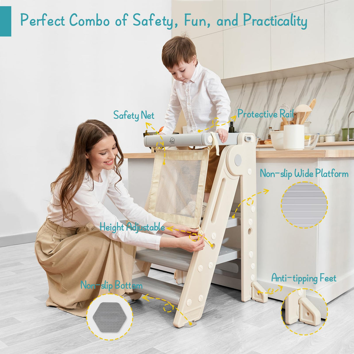 Forbena Foldable Toddler Tower Kitchen Learning Stool Helper, Montessori Kids Standing Tower for Counter, Collapsible Adjustable Baby Child Step Stool with Safety Net for Bathroom Sink (Grey) Forbena