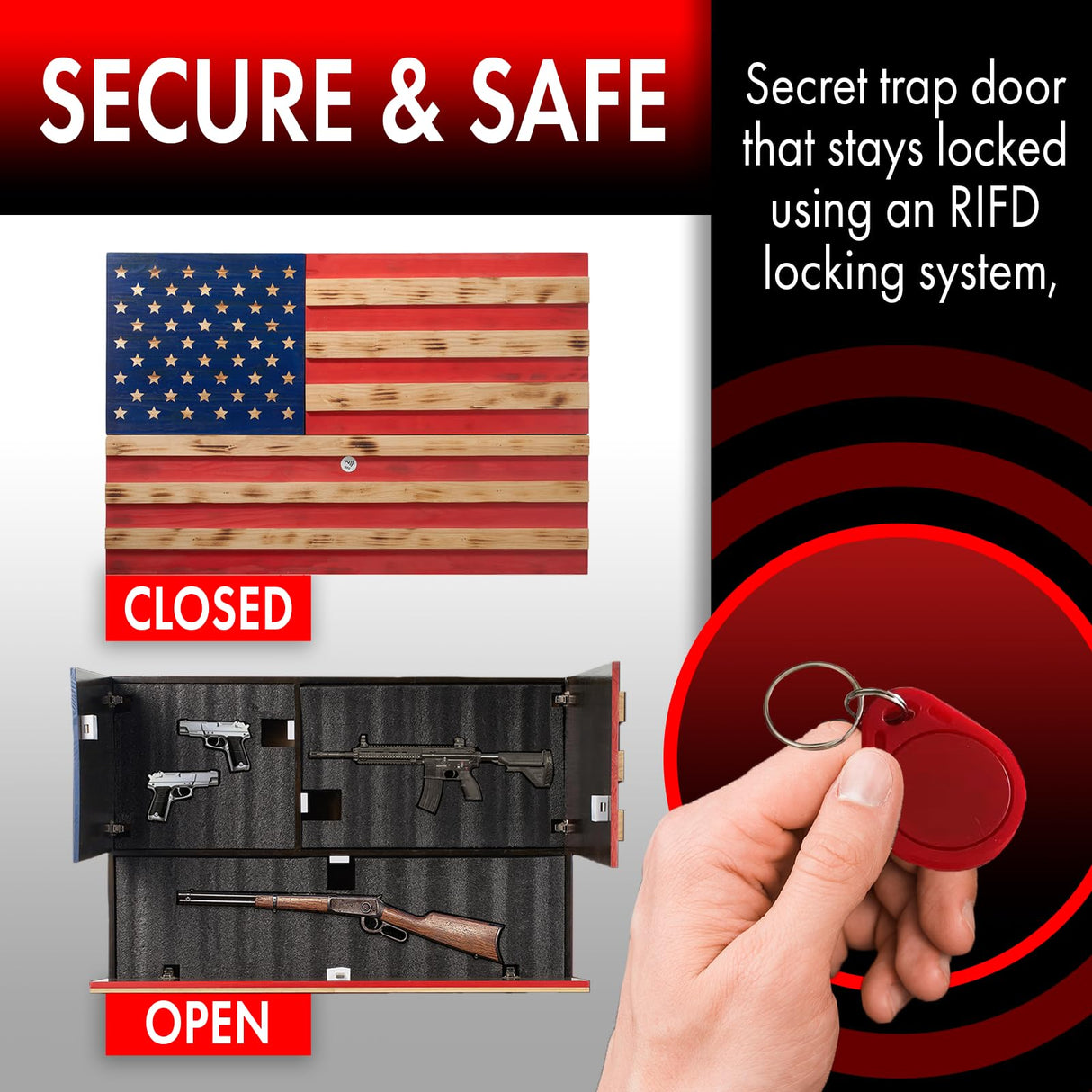 GUTE Tactical Rustic Hidden American Flag Gun Storage with Trap Door, Wall Storage | 35" x 22.5" | Firearm, Magazine and Knives Storage Easy Installation | Secure & Safe Compartment | RFID Wall Rack GUTE