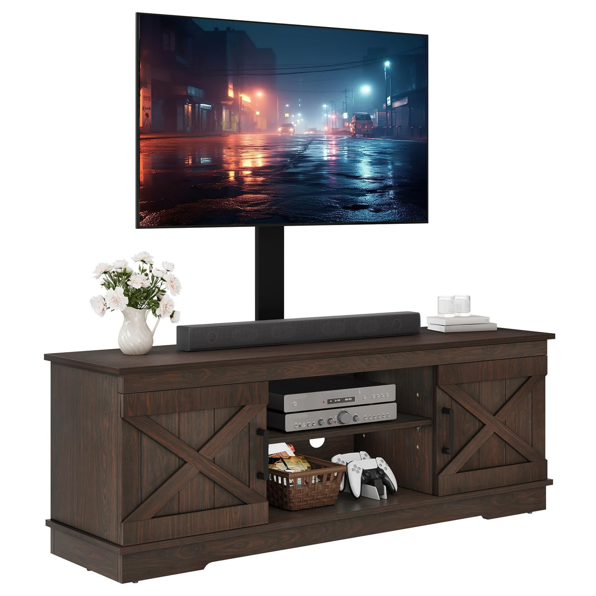 YITAHOME Farmhouse TV Stand with Mount, Sturdy TV Stand Mount for 32/45/55/60/65/70 inch TVs, Entertainment Center with Adjustable Shelf, TV Cabinet Media Console for Living Room, Espresso YITAHOME