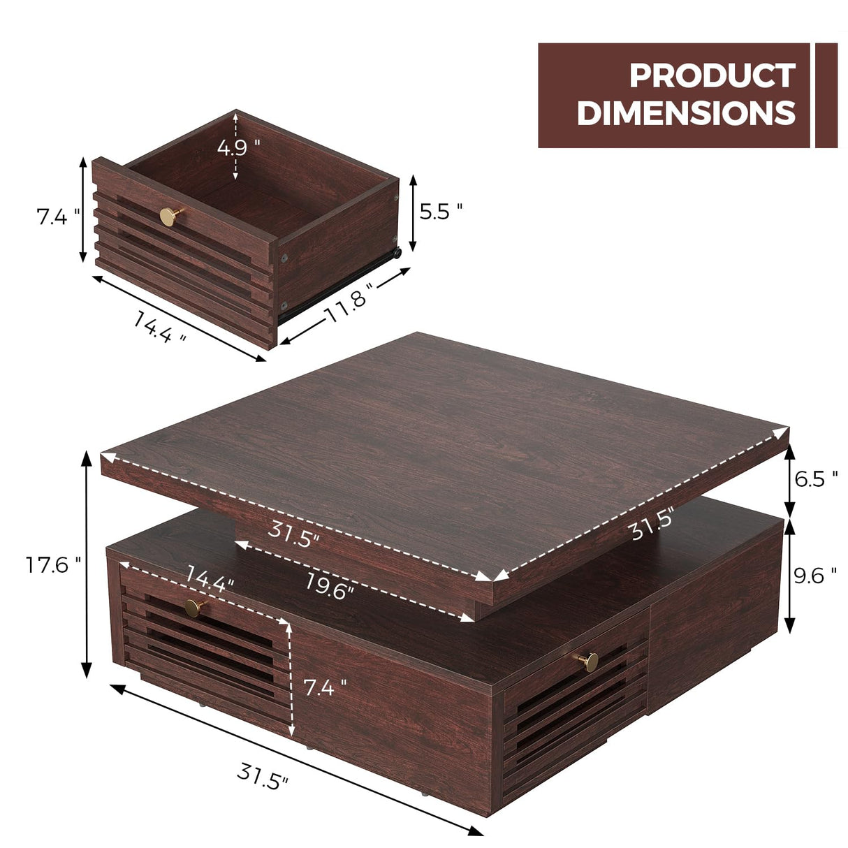 IRONCK Coffee Table with LED Light and Charging Station, 4 Storage Drawers with Grille Design, Square Coffee Table for Living Room Office Reception Room (Walnut) IRONCK